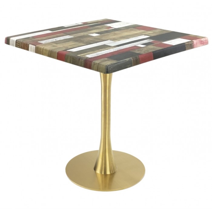 Masa restaurant/cafenea/bistro patrata Raki Redden Wood, 80x80xh74cm, blat werzalit si picior metalic auriu cu baza rotunda 45cm