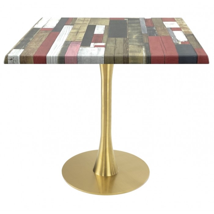 Masa restaurant/cafenea/bistro patrata Raki Redden Wood, 80x80xh74cm, blat werzalit si picior metalic auriu cu baza rotunda 45cm