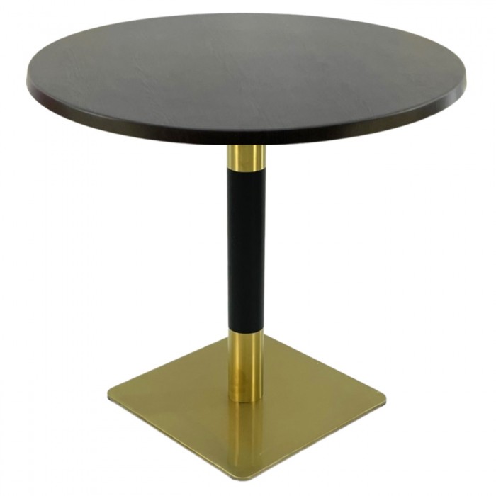 Masa restaurant interior/exterior rotunda Raki New Wenge, D80xh74cm, blat werzalit si picior metalic cu baza patrata auriu/negru