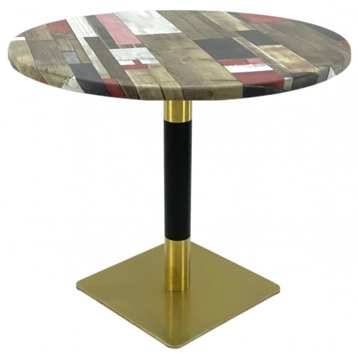Masa rotunda pentru restaurant Raki Redden Wood, D80xh74cm, blat werzalit si picior metalic cu baza patrata auriu/negru