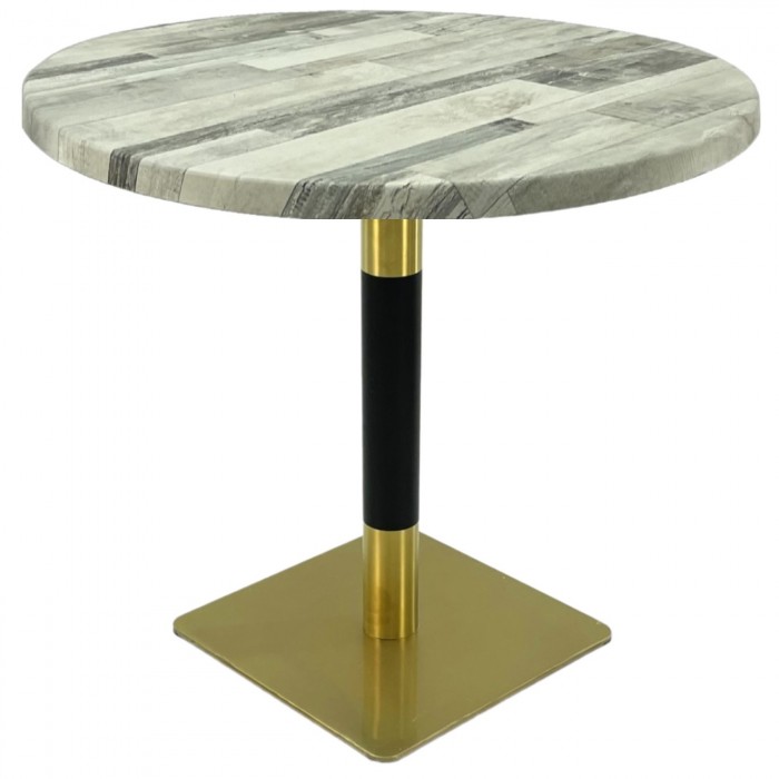 Masa rotunda restaurant/terasa Raki White Block, D80xh74cm, blat werzalit si picior metalic cu baza patrata auriu/negru