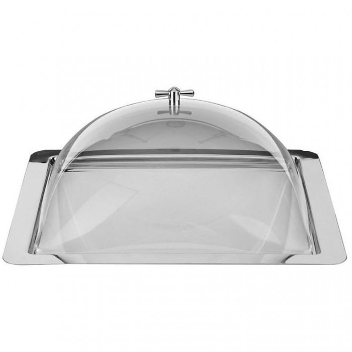 Set servire bufet RAKI platou inox cu capac acrilic, 46x46cm