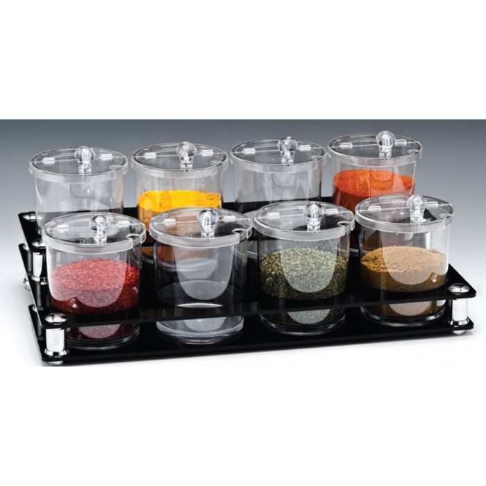 Set 8 borcane condimente 750ml din policarbonat, cu suport acrilic, 49x27xh18cm RAKI
