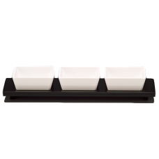 Display servire cu 3 boluri patrate 9x9xh3,5cm si suport RAKI, 32x10xh5,5cm