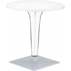 Masa rotunda alba SIESTA ICE, D70xh73cm, blat werzalit, picior policarbonat transparent, baza aluminiu