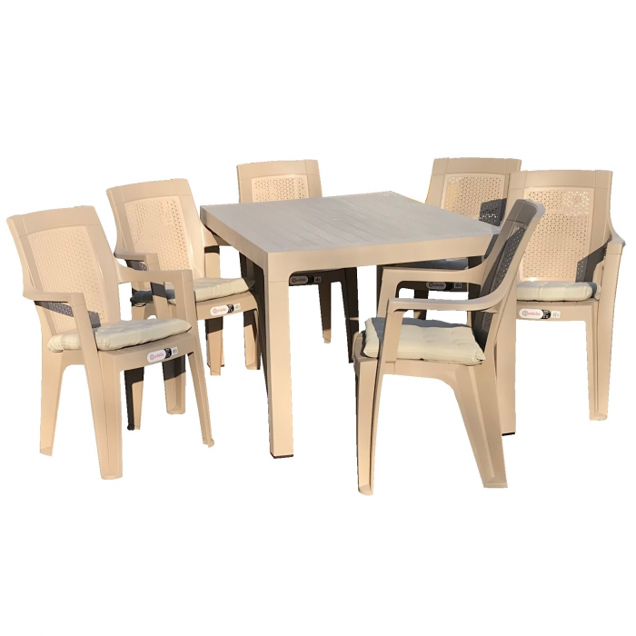 Mobila pentru curte/gradina RAKI GARDELA, masa CLASSI WOOD 150x90xh75cm cu 6 scaune ELEGANCE MATTED 62x57xh88cm si perne, culoare cappuccino