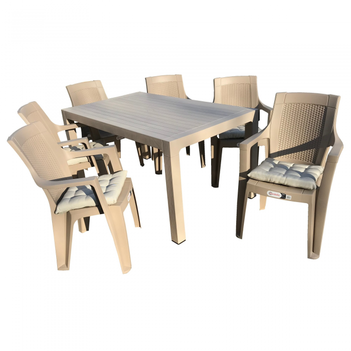 Mobila pentru curte/gradina RAKI GARDELA, masa CLASSI WOOD 150x90xh75cm cu 6 scaune ELEGANCE RATAN 62x57xh88cm si perne, culoare cappuccino