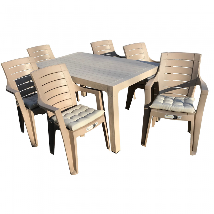 Mobila pentru curte/gradina RAKI GARDELA, masa CLASSI WOOD 150x90xh75cm cu 6 scaune ELEGANCE  WOOD 62x57xh88cm si perne, culoare cappuccino