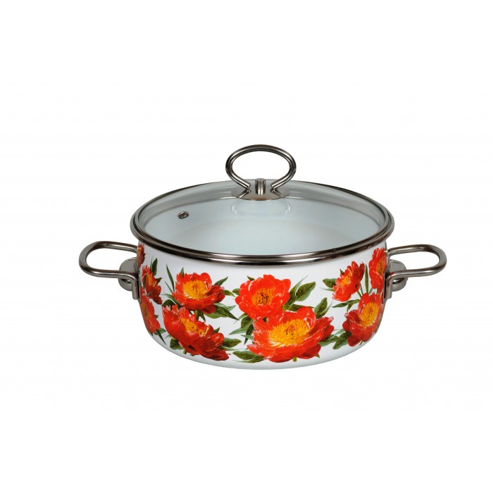 Oala emailata ruseasca 3l, D20cm, RAKI PEONI, cu capac sticla