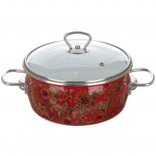 Oala emailata ruseasca 5l, D24cm, RAKI IMPERIO, cu capac sticla, rosie