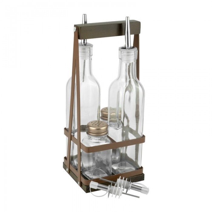 Oliviera 5 liese RAKI HELLA, sticle ulei si otet de 280ml din sticla, solnita si pipernita de 65ml din sticla, suport metal/lemn culoare bronz