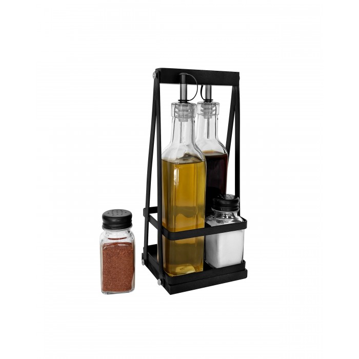 Oliviera 5 liese RAKI HELLA, sticle ulei si otet de 280ml din sticla, solnita si pipernita de 65ml din sticla, suport metal/lemn negru