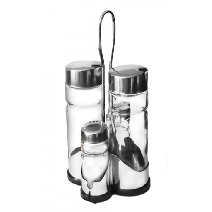 Oliviera 5 piese cu suport cromat RAKI 2 sticle ulei si otet, solnita si pipernita