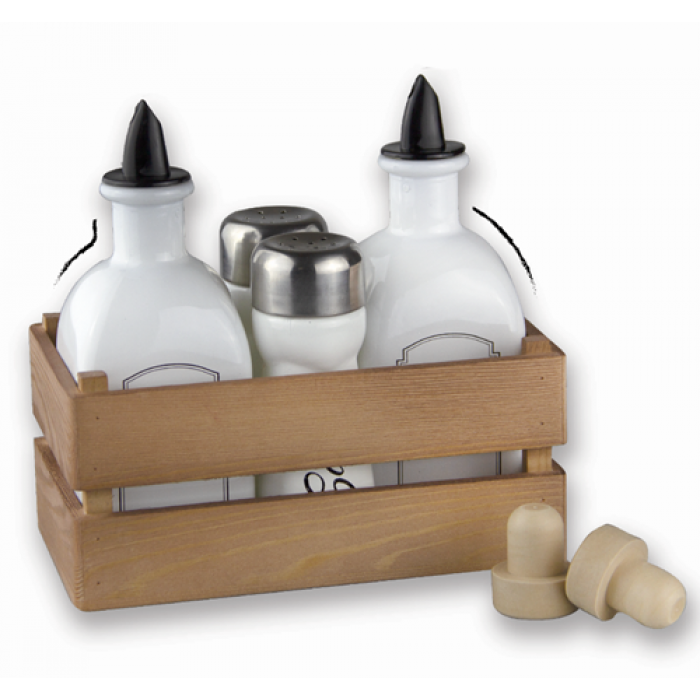 Oliviera 5 piese cu suport ladita lemn natural RAKI sticle ulei si otet 2x250ml, solnita si pipernita 2x80ml