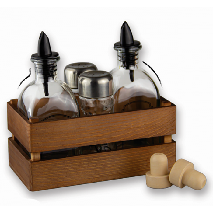 Oliviera 5 piese cu suport ladita lemn wenge RAKI sticle ulei si otet 2x250ml, solnita si pipernita 2x80ml