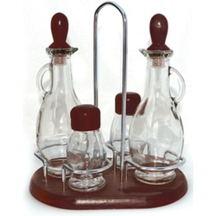 Oliviera 5 piese cu suport lemn cu maner metalic RAKI sticle ulei si otet, solnita si pipernita