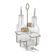 Oliviera 5 piese RAKI BASICS, 2 sticle ulei/otet cu picurator 2x200ml din sticla, solnita si pipernita 2x120ml din sticla, suport metalic culoare bronz