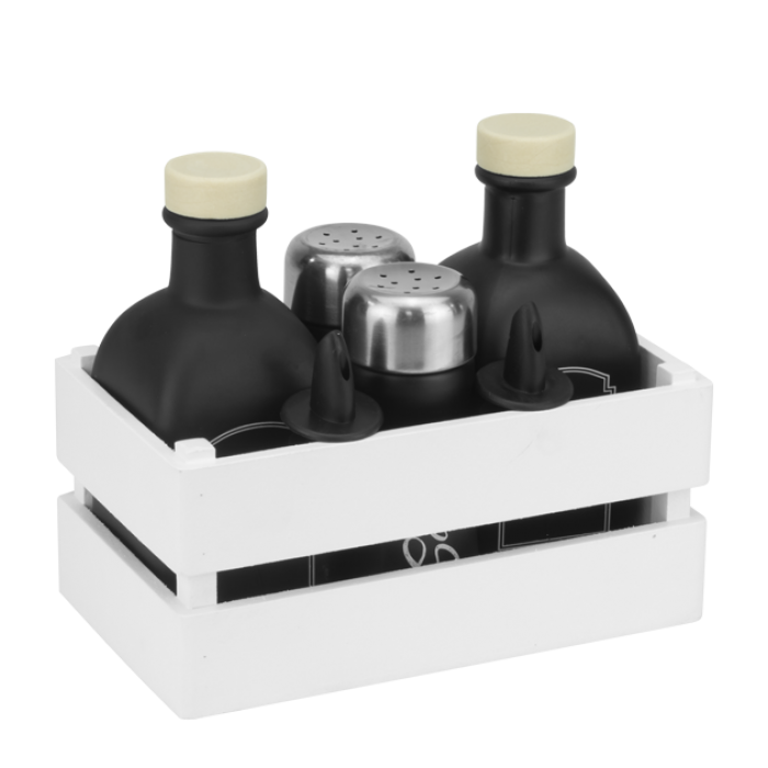 Oliviera 5 piese RAKI OLD FASHIONED, 2 sticle pentru ulei si otet 2x250ml negre, solnita si pipernita 2x80ml negre, din sticla cu suport ladita lemn alba