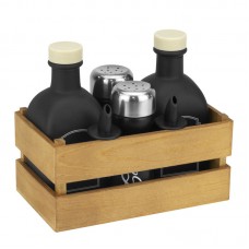 Oliviera 5 piese RAKI OLD FASHIONED, 2 sticle pentru ulei si otet 2x250ml negre, solnita si pipernita 2x80ml negre, din sticla cu suport ladita lemn natur