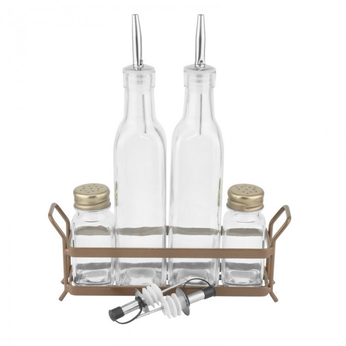 Oliviera 5 piese RAKI OLD, sticle ulei si otet de 280ml din sticla, solnita si pipernita de 65ml din sticla, suport metalic culoare bronz
