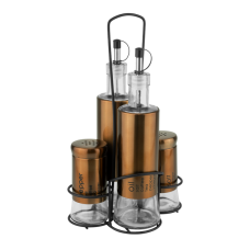 Oliviera 5 piese RAKI TOP, sticle ulei si otet de 320ml din sticla, solnita si pipernita de 150ml, suport metalic negru