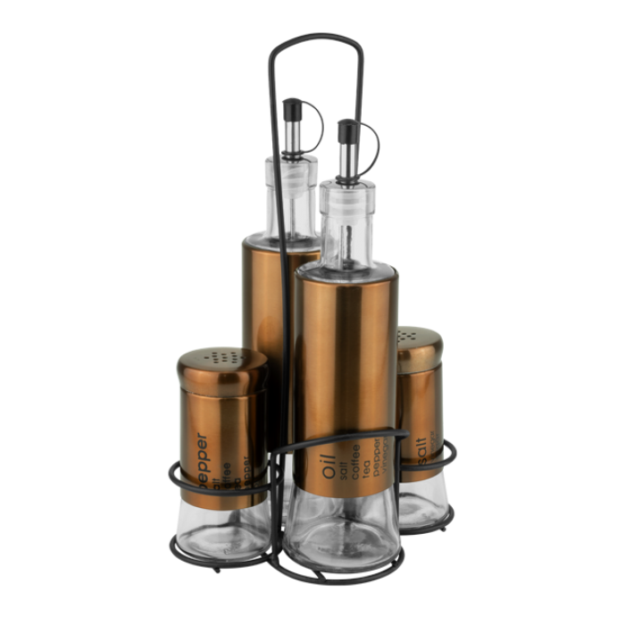 Oliviera 5 piese RAKI TOP, sticle ulei si otet de 320ml din sticla, solnita si pipernita de 150ml, suport metalic negru