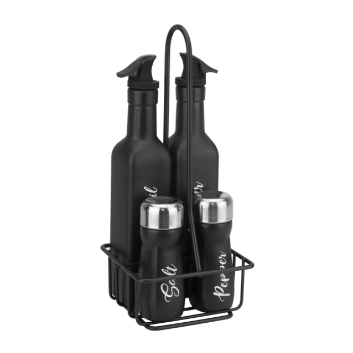 Oliviera 5 piese RAKI VINTAGE BLACK, 2 sticle pentru ulei si otet de 250ml din sticla, solnita si pipernita de 80ml din sticla, suport metalic, negru