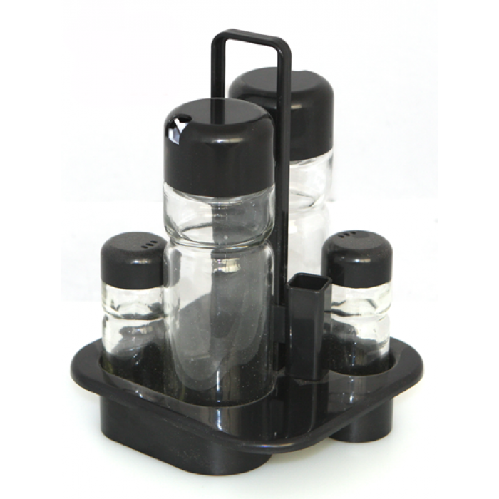 Oliviera 5 piese suport plastic negru RAKI 2 sticle ulei/otet 2x160ml, solnita si pipernita 2x35ml, suport scobitori