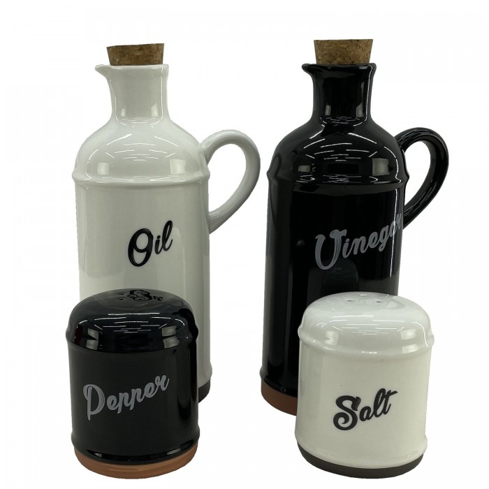 Oliviera CULINARO HELLA BLACK&WHITE, 4 piese din portelan, sticle ulei si otet de 430ml, solnita si pipernita