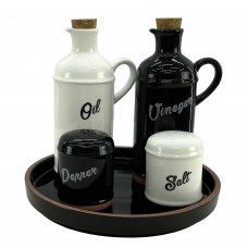 Oliviera CULINARO HELLA BLACK&WHITE, 5 piese din portelan, sticle ulei si otet de 430ml, solnita si pipernita, suport negru