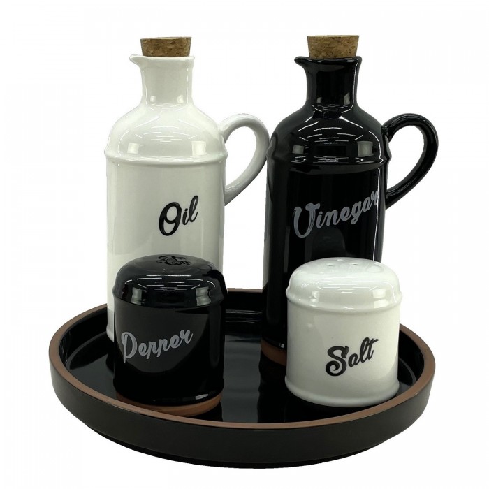 Oliviera CULINARO HELLA BLACK&WHITE, 5 piese din portelan, sticle ulei si otet de 430ml, solnita si pipernita, suport negru