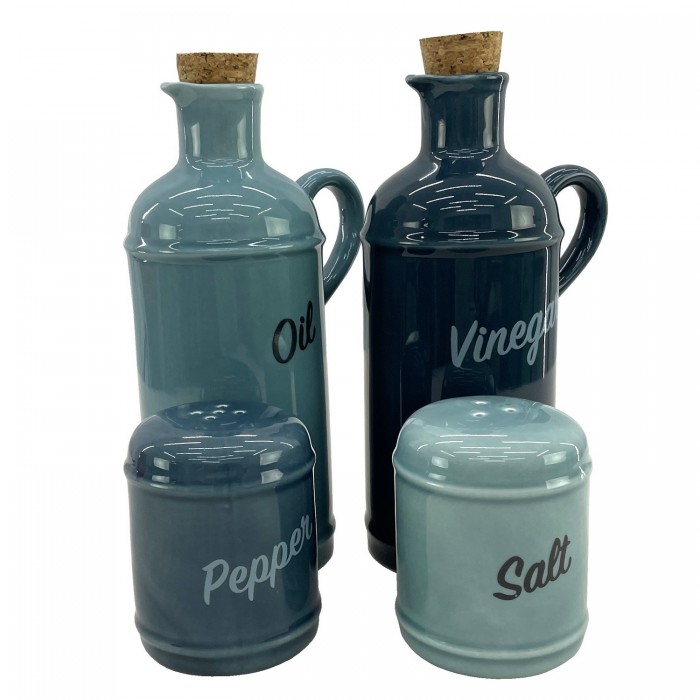 Oliviera CULINARO HELLA BLUE, 4 piese din portelan, sticle ulei si otet de 430ml, solnita si pipernita