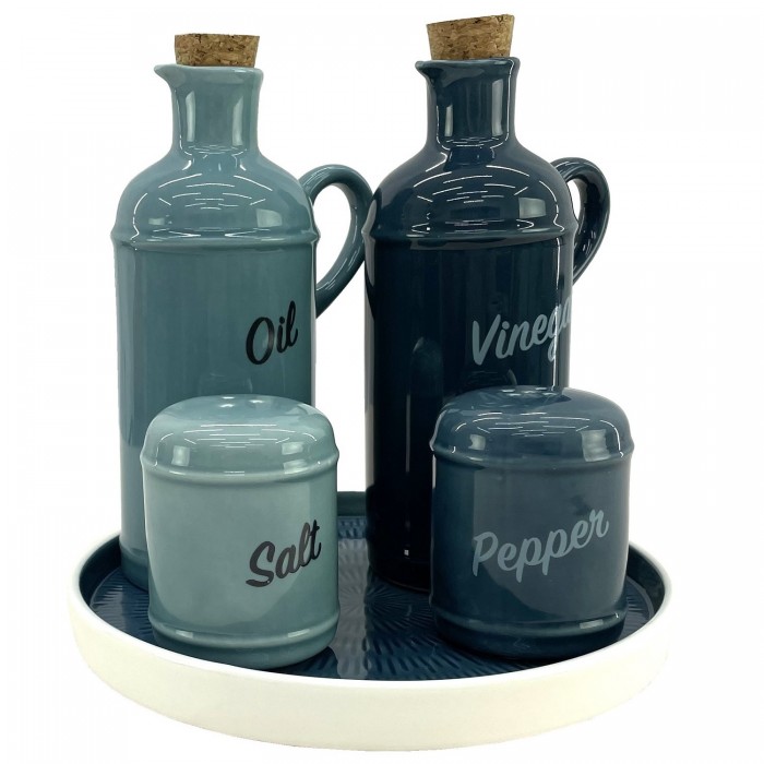 Oliviera CULINARO HELLA BLUE, 5 piese din portelan, sticle ulei si otet de 430ml, solnita si pipernita, suport albastru inchis