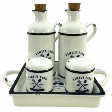 Oliviera din portelan CULINARO HAPPY FARM, 5 piese, sticle ulei si otet de 450ml, solnita si pipernita, suport patrat
