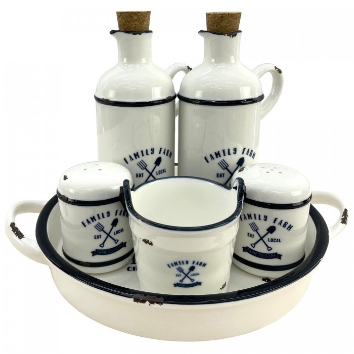 Oliviera din portelan CULINARO HAPPY FARM, 6 piese, sticle ulei si otet de 450ml, solnita si pipernita, galetusa servire, suport rotund
