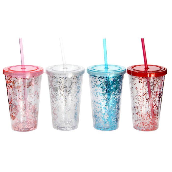 Pahar cu capac si pai RAKI, 500ml, acrilic cu decor 3, diferite culori