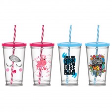 Pahar din sticla cu capac si paie RAKI SAGA, 570ml, componente plastic, diferite decoruri si culori