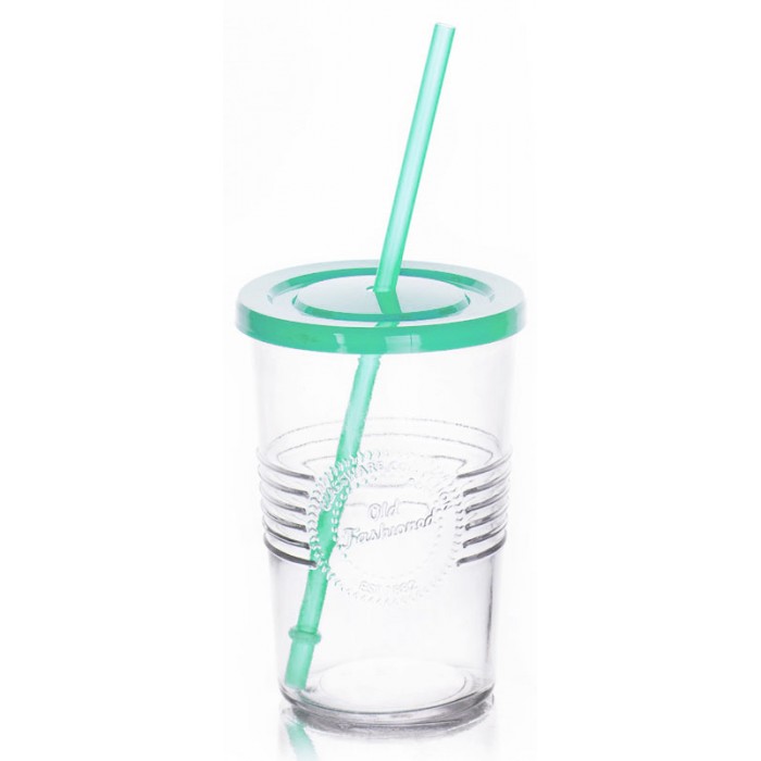 Pahar din sticla cu pai si capac verde RAKI OLD FASHIONED, 590ml