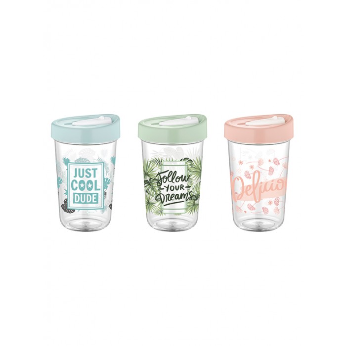 Pahar pentru smoothie cu capac si decor RAKI RIO, 600ml, plastic Tritan, diferite decoruri si culori