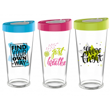 Pahar pentru smoothie cu decor RAKI RIO, 670ml, din sticla cu capac plastic, diferite decoruri si culori