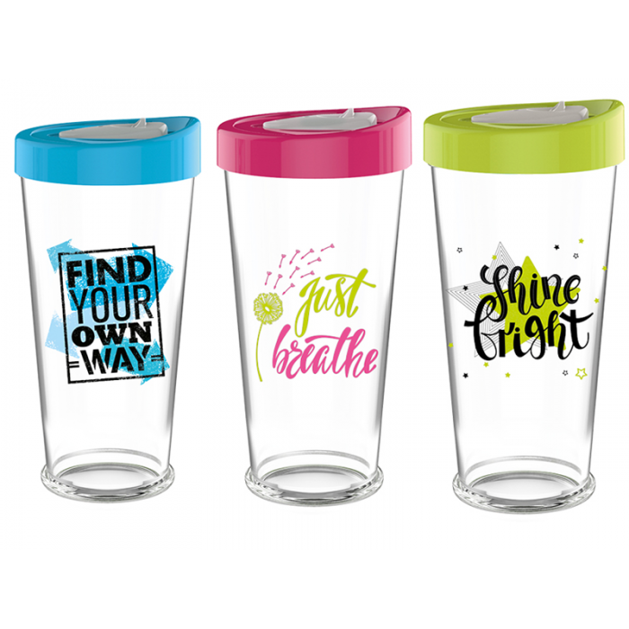 Pahar pentru smoothie cu decor RAKI RIO, 670ml, din sticla cu capac plastic, diferite decoruri si culori