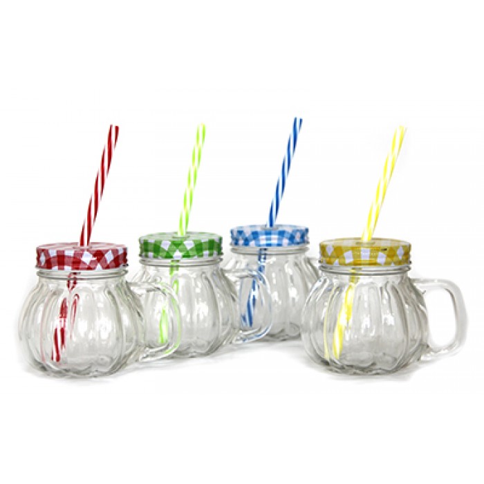 Pahar tip borcan cu capac si pai in diferite culori RAKI, 350ml, sticla
