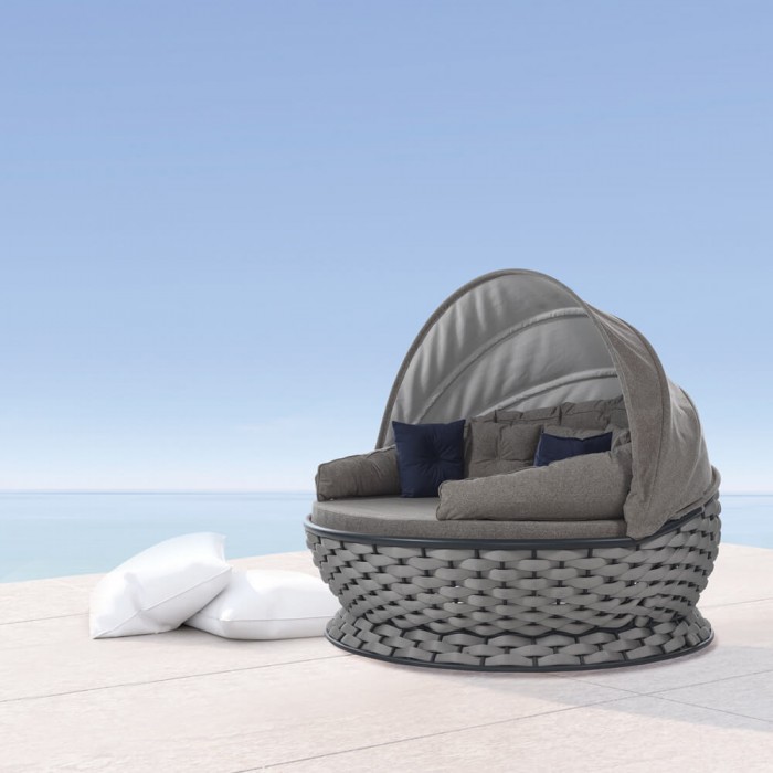Pat de gradina cu baldachin RAKI MIAMI, rotund, cadru metalic si impletitura textila, D180xh80-140cm, antracit