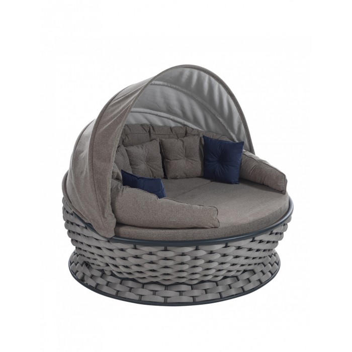 Pat de gradina cu copertina RAKI MIAMI, rotund, cadru metalic si impletitura textila, D180xh80-140cm, gri deschis