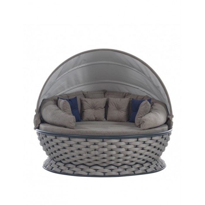 Pat de gradina cu copertina RAKI MIAMI, rotund, cadru metalic si impletitura textila, D180xh80-140cm, gri deschis