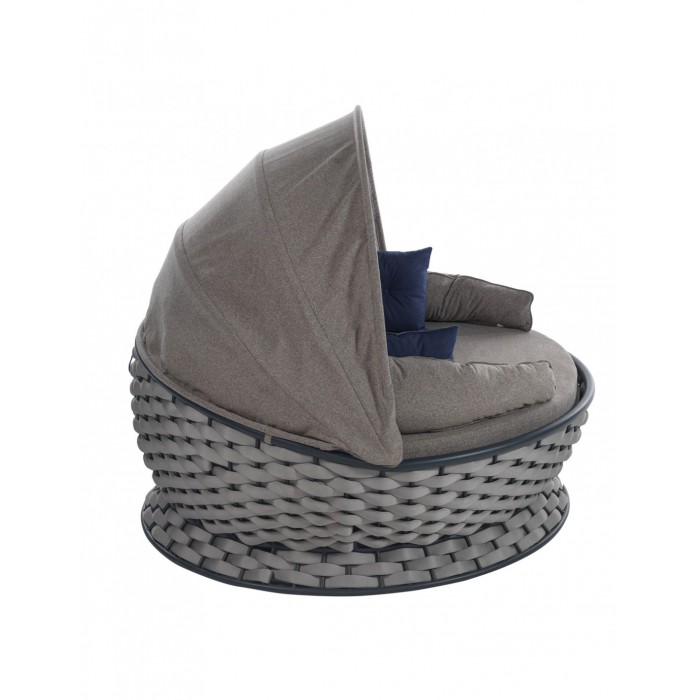 Pat de gradina cu copertina RAKI MIAMI, rotund, cadru metalic si impletitura textila, D180xh80-140cm, gri deschis