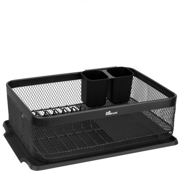 Scurgator vase din plasa metalica CULINARO HOME, cu suport tacamuri si tava scurgere, 43x32xh14,5cm, negru mat