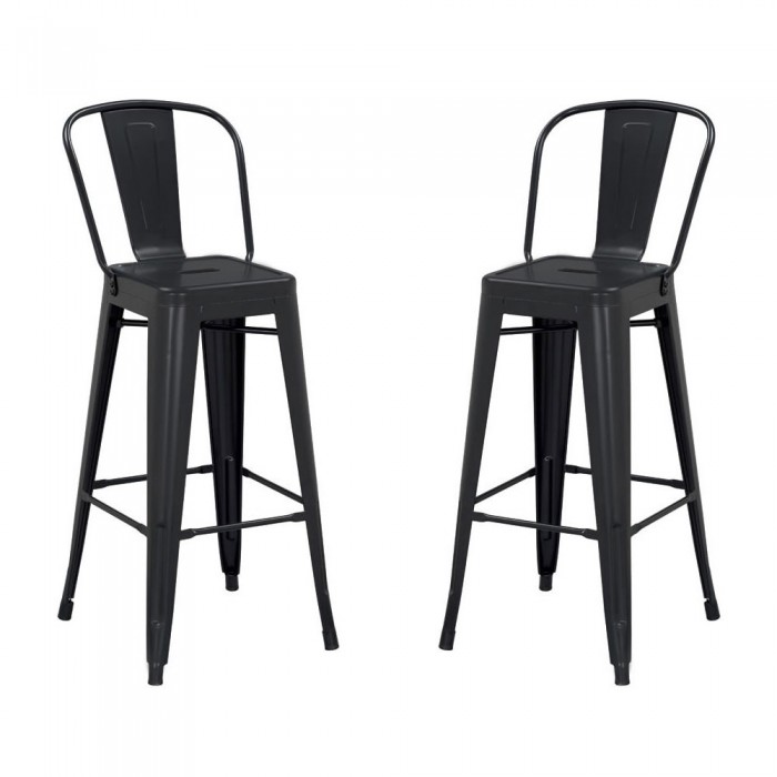 Set 2 scaune bar inalte cu spatar RAKI RETRO, metal, 46x43x107cm, negre