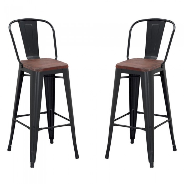 Set 2 scaune bar inalte negre RAKI RETRO, sezut lemn, metal, 46x44x117cm