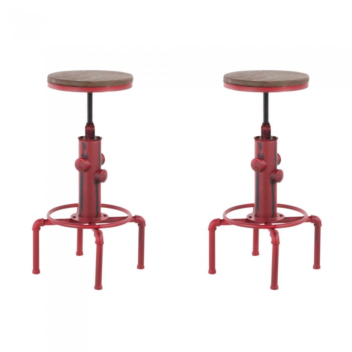 Set 2 scaune bar RAKI RETRO RED cu inaltime reglabila D33xh60-75cm, cadru metalic si sezut lemn, culoare rosie
